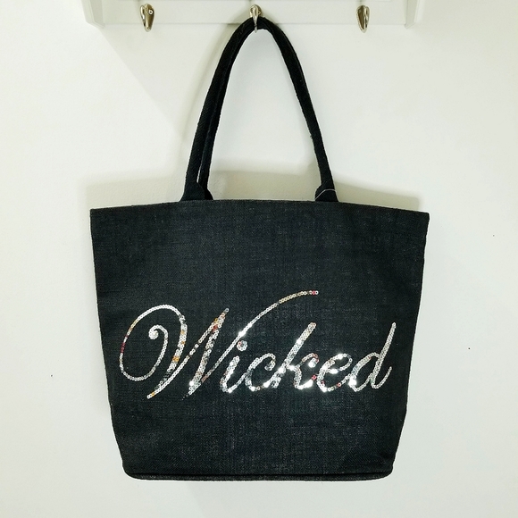 WICKED Silver Sequin Large Black Jute Market Beach Tote - Picture 1 of 11